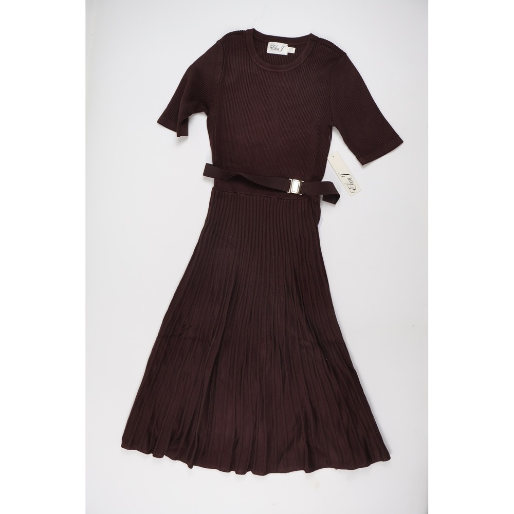 Eliza J Belted Ribbed Knit Midi Dress Brown Solid M EJ6M6405 NWT
